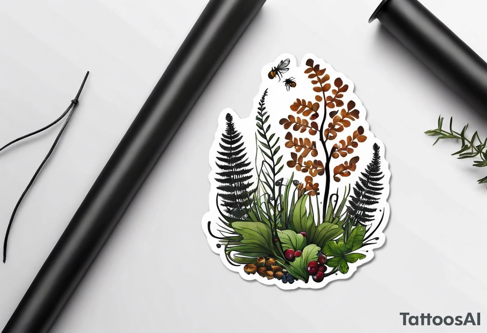 forest floor inspired minimalist tattoo, which includes grass, curly ferns, moss and dead leaves as the bulk of the tattoo. details to include: forest berries, a tiny bumblebee flying nearby, three small brown mushrooms
Generate a vertically long one tattoo idea