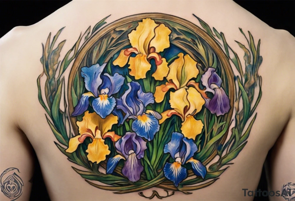 Create a colorful Vincent van Gogh Irises tattoo with Athena's shield and spear. The tattoo should take the form of a crescent, with vines gracefully intertwining at a central point in the middle of the wreath.  The intended placement is on the upper chest. The overall design should be small in size while maintaining a delicate and artistic aesthetic. Pay attention to the graceful flow of the vines and the placement of the irises to achieve a refined and elegant look. tattoo idea