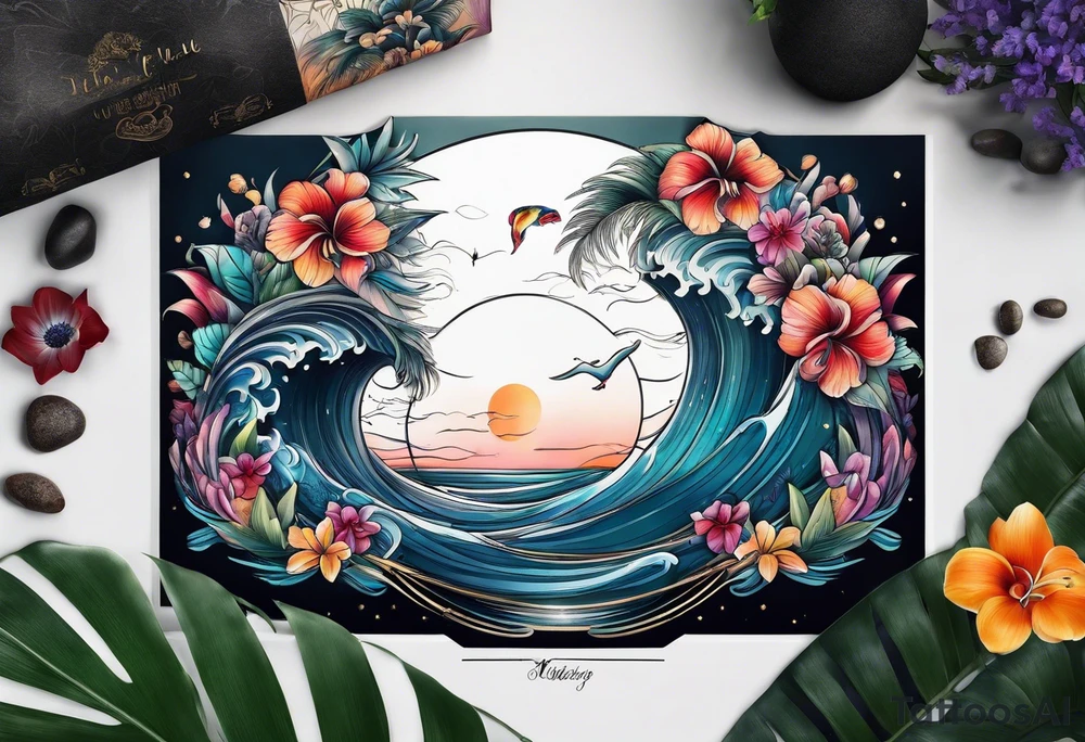 sea,, night, flower, palm, tattoo idea