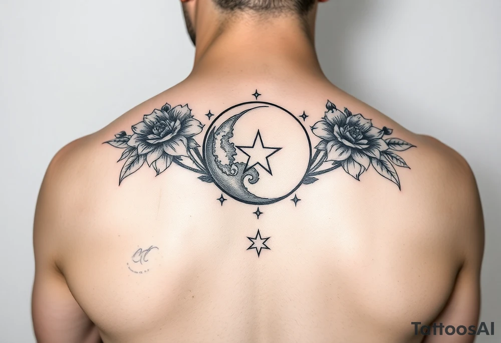 Flower sleeve surrounded by moon and star design for arm tattoo idea
