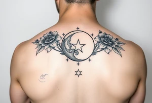 Flower sleeve surrounded by moon and star design for arm tattoo idea