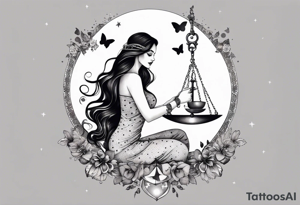 Beautiful woman with butterflies in her long wavy hair sitting on a half moon holding the libra scales with a moon and star background tattoo idea