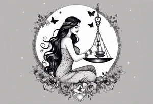 Beautiful woman with butterflies in her long wavy hair sitting on a half moon holding the libra scales with a moon and star background tattoo idea