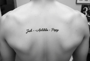 an anklet with the names Josh•Abbie•Poppy•Zac•Jack•Bella•Oscar•Jude•Jaxson tattoo idea