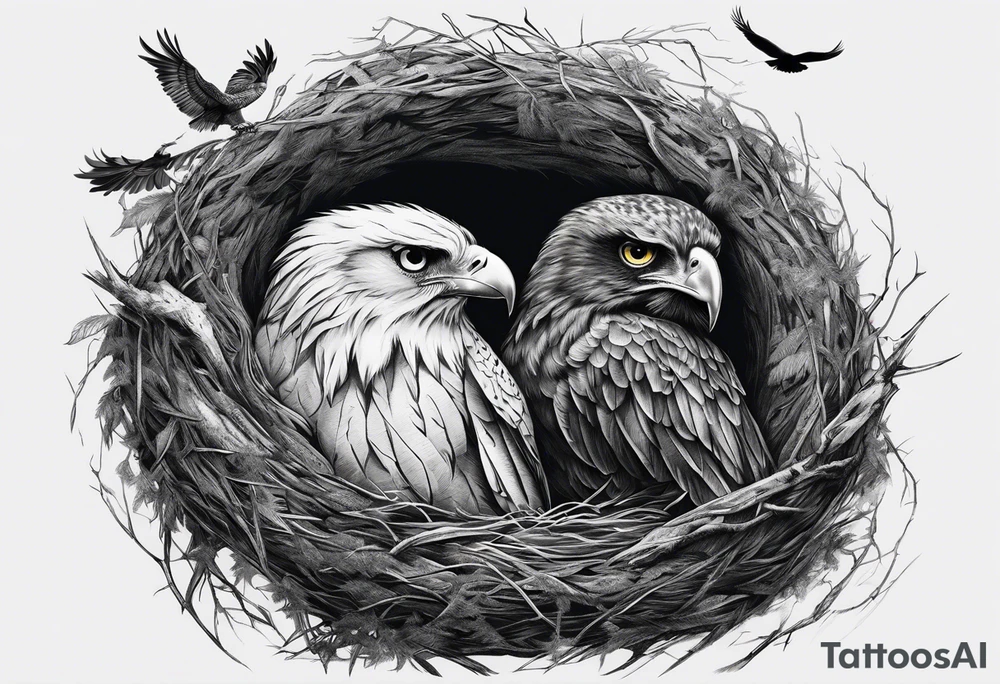 Owl, raven, eagle cuddled in a nest, looking down into the nest tattoo idea