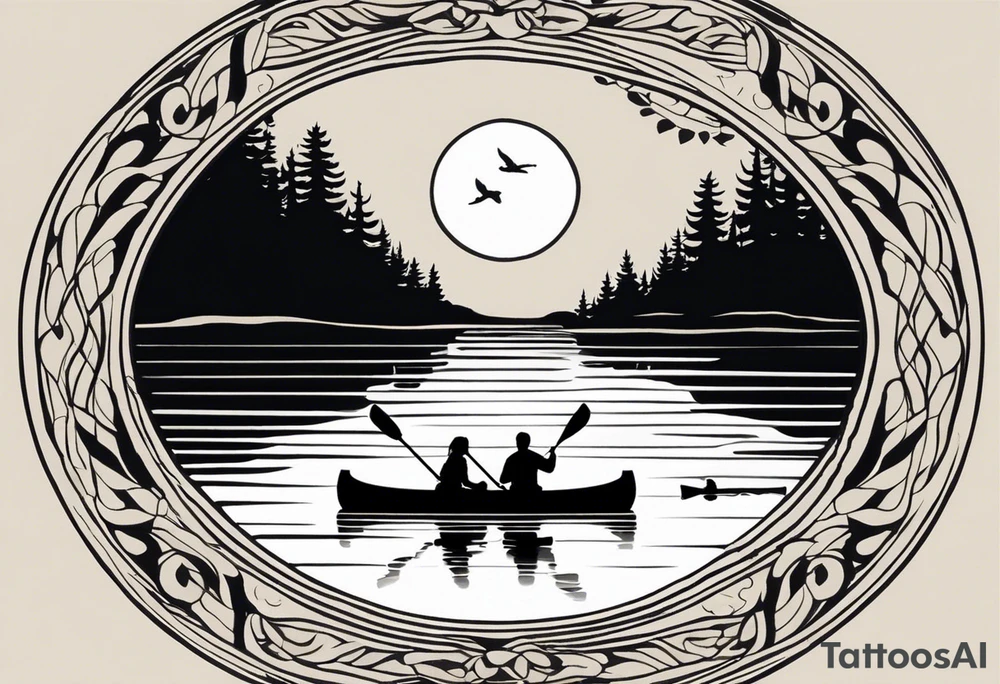 The tattoo design depicts a serene nature scene, framed within a semi-circular border. In the foreground, there are two people sitting in a canoe on a calm lake. They are paddling towards the horizon, with one person sitting at the back of the canoe and the other at the front. The back view of the people suggests a peaceful and contemplative moment shared between them.

In the background, there are majestic mountains with peaks covered in snow, creating a dramatic and picturesque landscape. The mountains are flanked by tall pine trees on either side, adding to the wilderness feel of the scene. Above the mountains, a large sun is either rising or setting, casting a tranquil glow over the entire scene. Birds are flying in the sky, adding to the sense of freedom and natural beauty.

The entire scene is rendered in a minimalist, black and white, line-drawing style, giving it a clean and elegant appearance. The semi-circular frame around the design focuses attention on the central elements and adds a sense of completeness to the image. tattoo idea