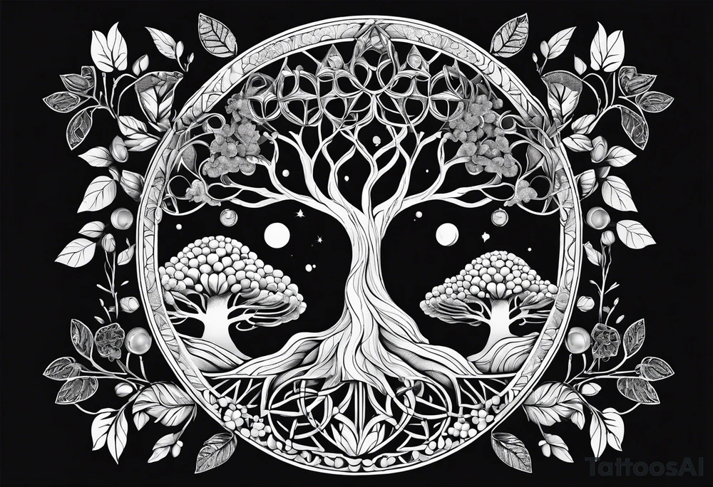wooded floral psilocybin molecule sacred geometry feminine tree of life dna tattoo idea