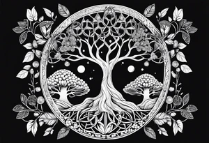 wooded floral psilocybin molecule sacred geometry feminine tree of life dna tattoo idea