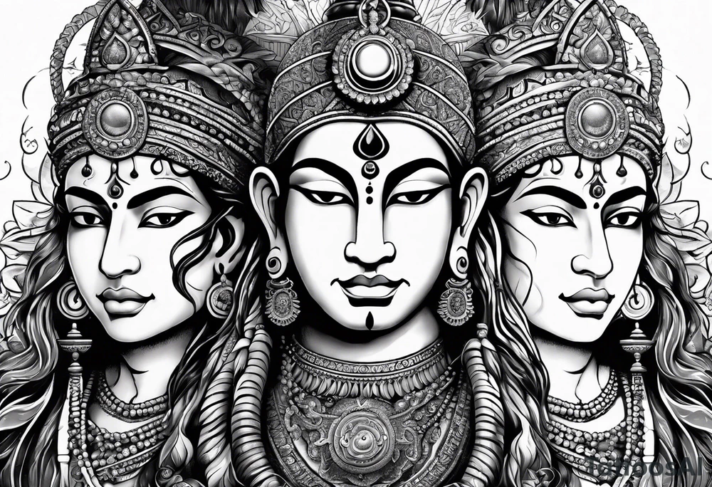 Half Shiva face and half hanuman face with a compass background tattoo idea
