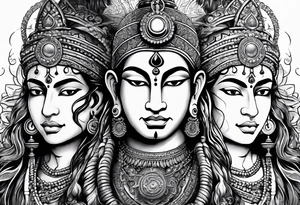 Half Shiva face and half hanuman face with a compass background tattoo idea