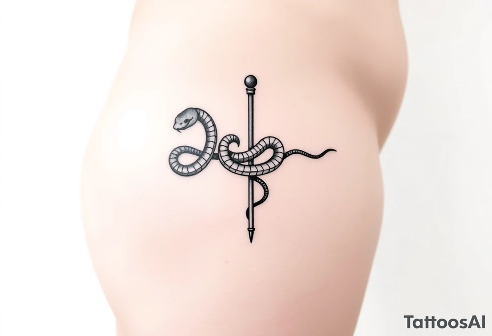 Snake tatto graphic on the hip. Positioned on the hip bone and lower closer to lady parts and leg. Snake symbolically wrapped over the pole (pole dance one). Minimalistic graphic style. Only snake and pole. Positioned horizontally, Pole vertically (not just Pole but a special pole for pole dance, but not to much details). On hip bone. Placed horizontally from the hip bone to pelvic. On the front of the hip. Lower belly tattoo idea