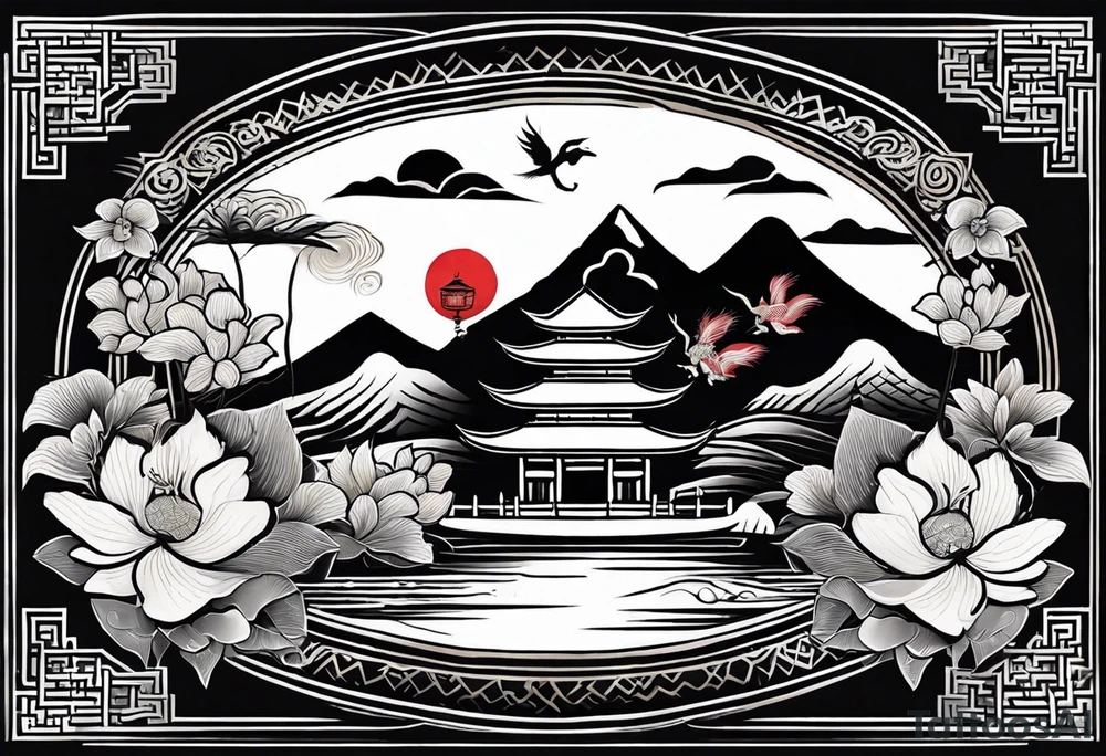 A black Vietnamese tattoo design featuring intricate depictions of sacred animals like the dragon and turtle intertwined with majestic mountains and lush rice fields. Incorporate iconic elements such as the conical straw hat floating above, surrounded by blooming lotus flowers and traditional silk lanterns. The tattoo reflects the essence of Vietnam's breathtaking nature, with swirling mist and flowing water elements woven into the composition, merging traditional artistry with a modern flair. Use a color palette that evokes the lush greens of the countryside and the warm tones of sunset. tattoo idea
