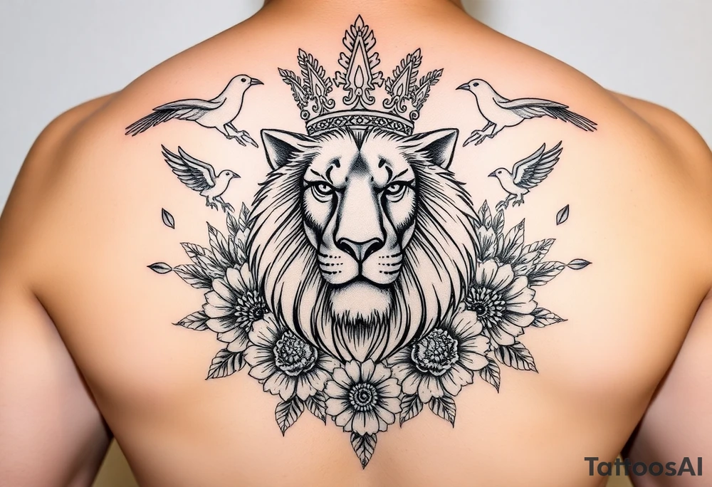powerful majestic lion with a crown, surrounded by floral ornaments and birds tattoo idea