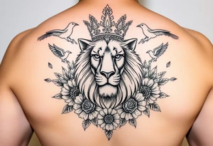 powerful majestic lion with a crown, surrounded by floral ornaments and birds tattoo idea