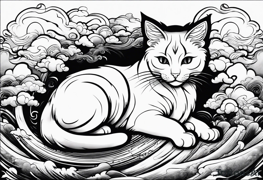 japanese clouds encirkling cat tattoo idea