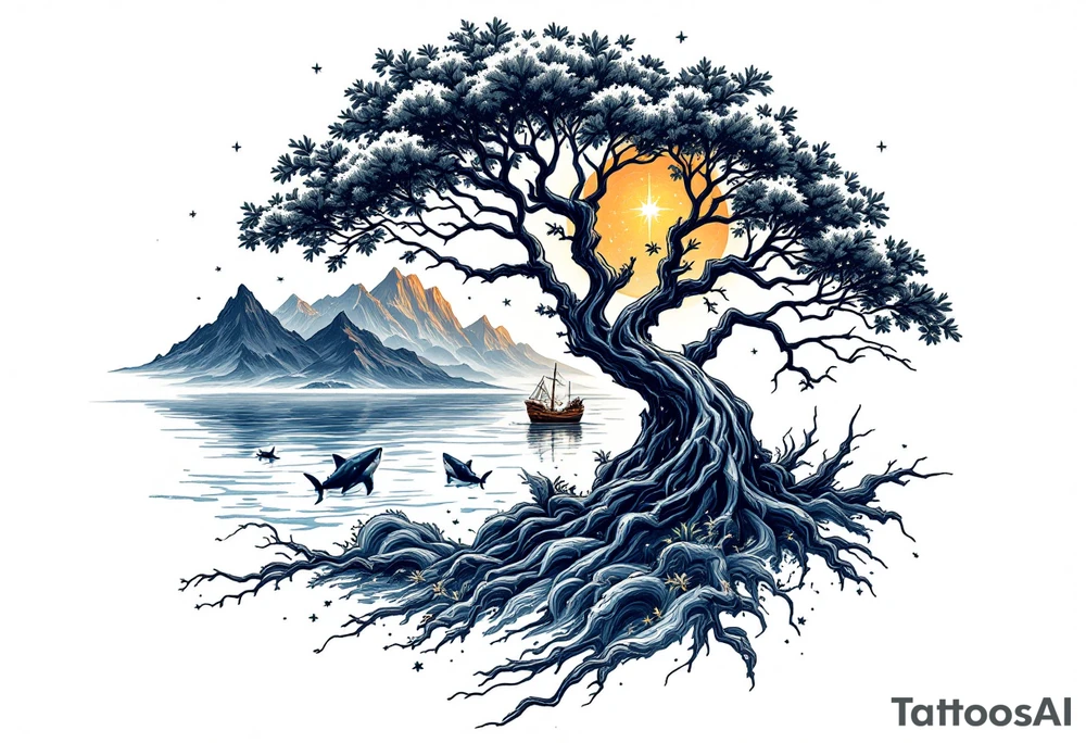 tattoo that has an acacia tree with mountains, ocean with a ship wreck with sharks and the northern star tattoo idea