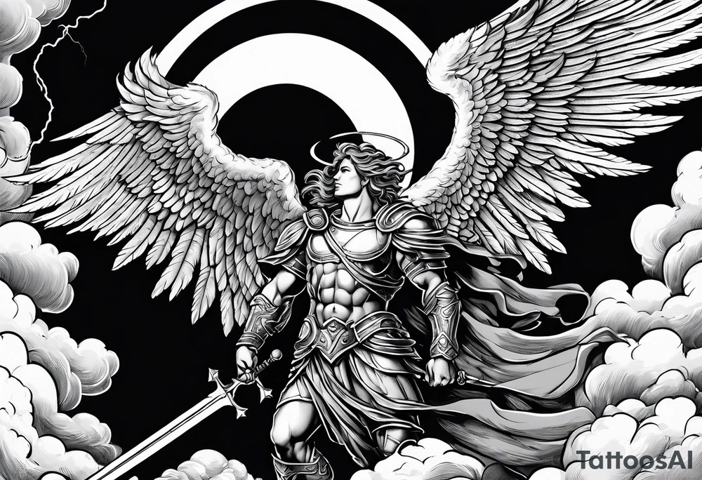 Michael the Archangel standing over the devil. Clouds and lightning in background. tattoo idea Michael the Archangel standing over the devil. Clouds and lightning in background. tattoo idea