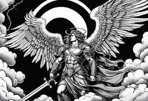 Michael the Archangel standing over the devil.  Clouds and lightning in background. tattoo idea