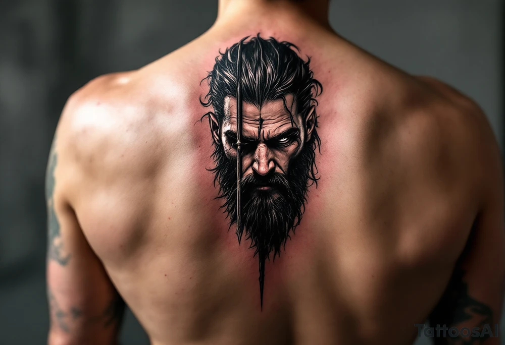 fit poseidon, behind a trident, looking at his nose tattoo idea
