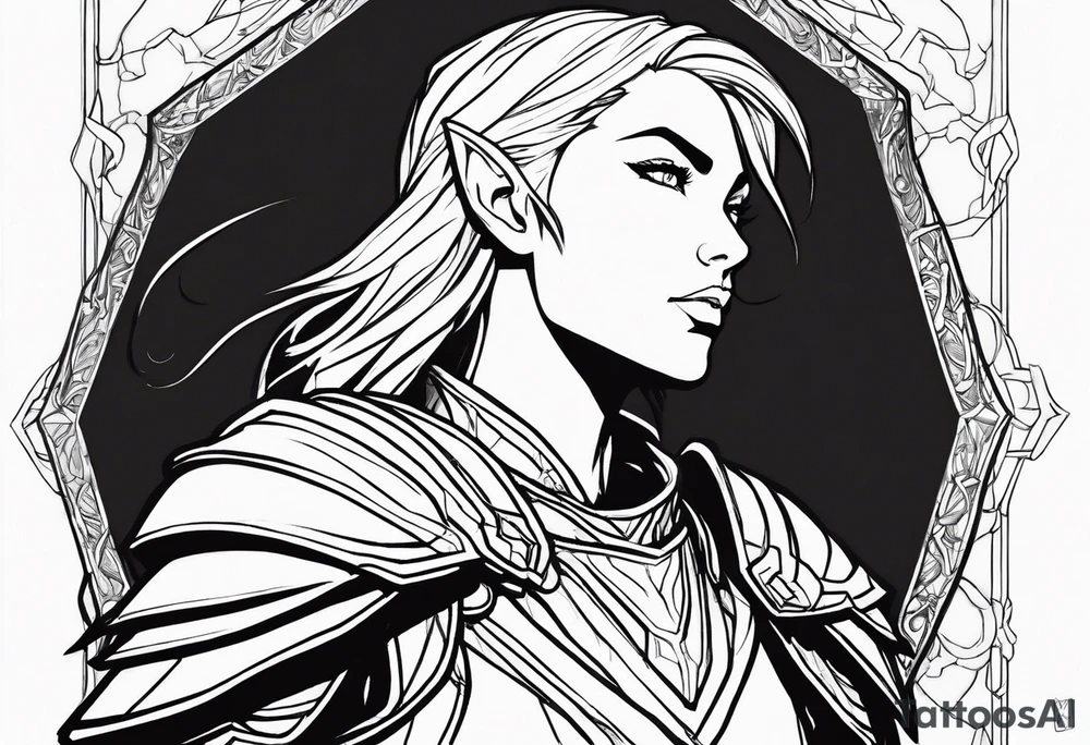 Sketch a 3/4 profile of an androgynous elven warrior with a majestic, epic, and heroic facial appearance and short hair in a fantasy comic book style. Sketch only in simple, clean contour lines. Sketch with dynamic movement rendered only in thick outer lines of black ink, with only outer strokes and contours. The genderless elf's face has a serious, resolute expression, and the figure holds an ornate sword in his hand. Create a backdrop with the moon and mountains on the horizon forming the setting behind the character. The figure has narrow eyes, furrowed brows, and lips pressed into a thin, strong line, demonstrating unwavering determination framed by the silhouette of a royal crown of metal leaves. The elven features are defined by hard, defined cheekbones, an angled, defined forehead, a hard, strong jaw, and strong, pointed ears. Sketch only with outer contours in black ink; art should be high contrast black and white only. Sketch is just outer lines with black ink concept art style, developed for fantasy comic book characters tattoo idea