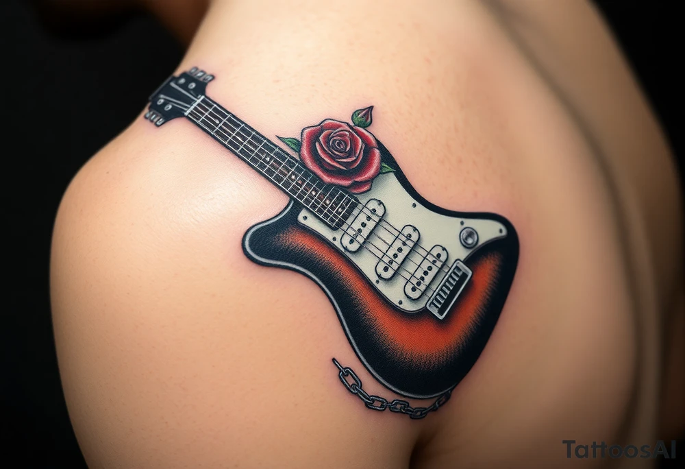 A detailed electric guitar with silver strings, draped in chains, with a rose blooming from the neck, symbolizing the power of love and music together tattoo idea