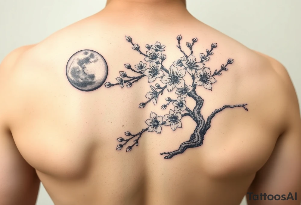 Japanese cherry blossom tree with full moon on left side tattoo idea