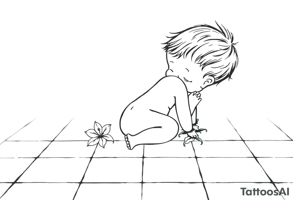 A simple tile floor with a minimalist outline of a curled up child sitting on the floor with a lily next to her tattoo idea