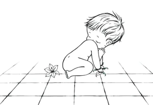 A simple tile floor with a minimalist outline of a curled up child sitting on the floor with a lily next to her tattoo idea