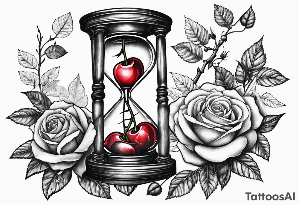 Rose beside hourglass with cherry tree inside tattoo idea