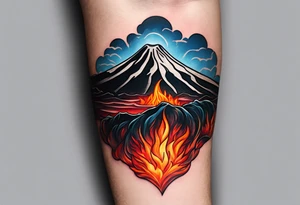 Draw a sketch of a volcanic eruption tattoo as a bracelet on the arm, in a realistic style with lava flowing from it, without a cartoon style and few colors tattoo idea