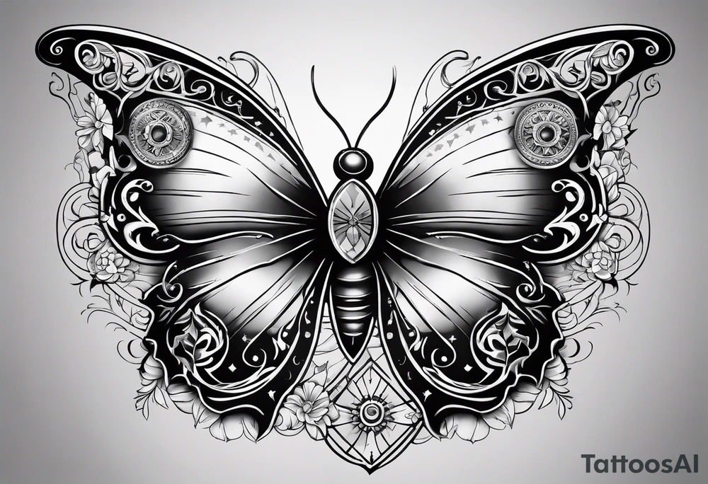 back tattoo with sun with face on left and moon with face on right but a butterfly with a cross in the middle tattoo idea