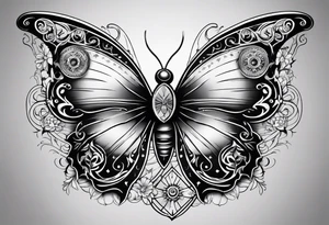 back tattoo with sun with face on left and moon with face on right but a butterfly with a cross in the middle tattoo idea