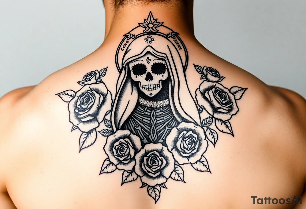 Santa muerte surrounded by roses tattoo idea
