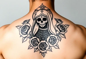 Santa muerte surrounded by roses tattoo idea