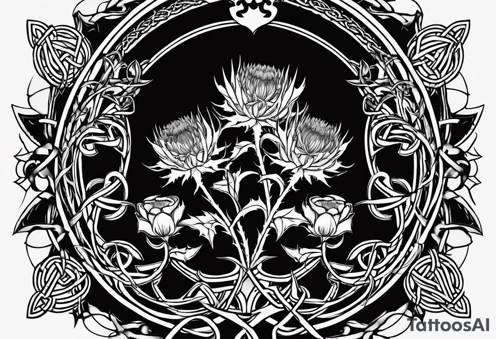 three thistles, Celtic knots, and the phrase "always remember there is nothing worth sharing like the love that let us share our names" tattoo idea