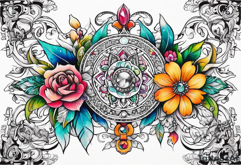 ornaments of flowers with crystals 
chest piece tattoo idea
