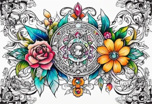 ornaments of flowers with crystals 
chest piece tattoo idea
