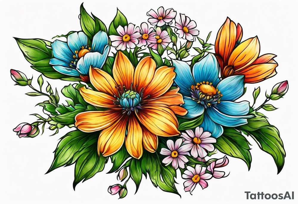 small long stem wildflower bouquet across fott tattoo idea