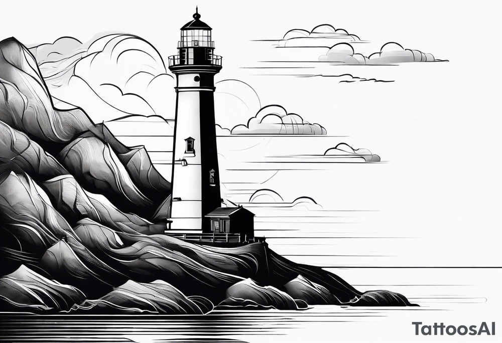 maritime lighthouse partially hidden by its large fixed sail. calm sea reflection. tattoo idea