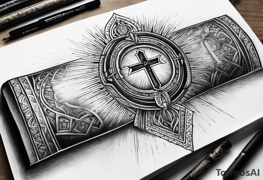 Forearm tattoo cross with rays of sun and
 a Bible verse Jeremiah 29:11 tattoo idea