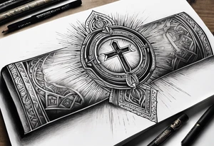 Forearm tattoo cross with rays of sun and
 a Bible verse Jeremiah 29:11 tattoo idea