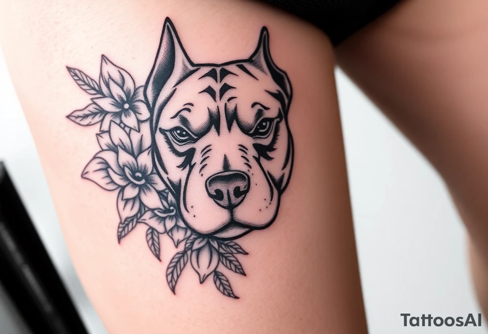 Pitbull head with flowers tattoo idea