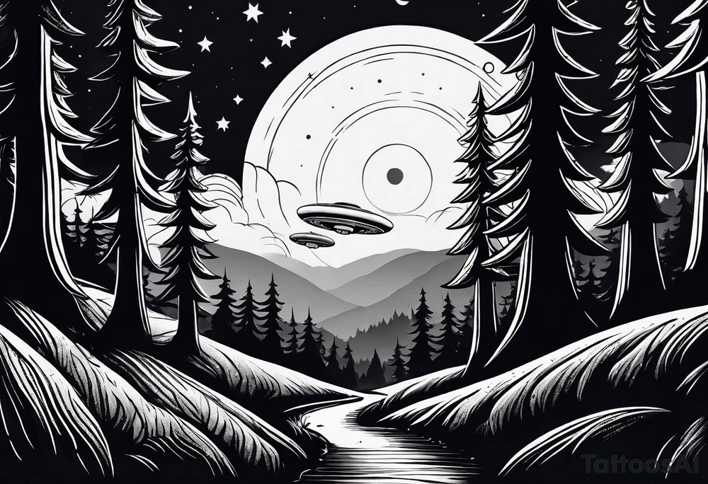 forest with trail and above is night sky with stars and 1 small ufo. vertical tattoo idea