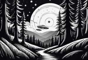 forest with trail and above is night sky with stars and 1 small ufo. vertical tattoo idea