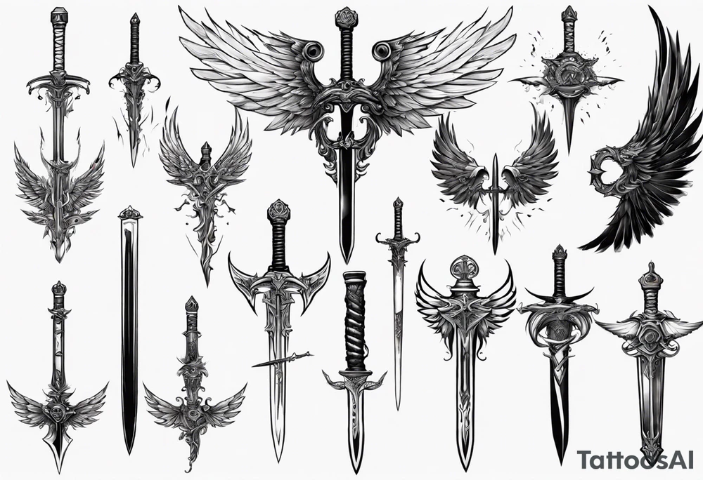 a sword with wings and markings around it tattoo idea