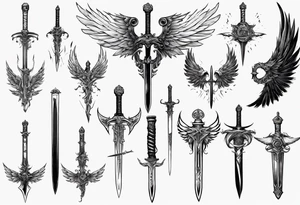 a sword with wings and markings around it tattoo idea