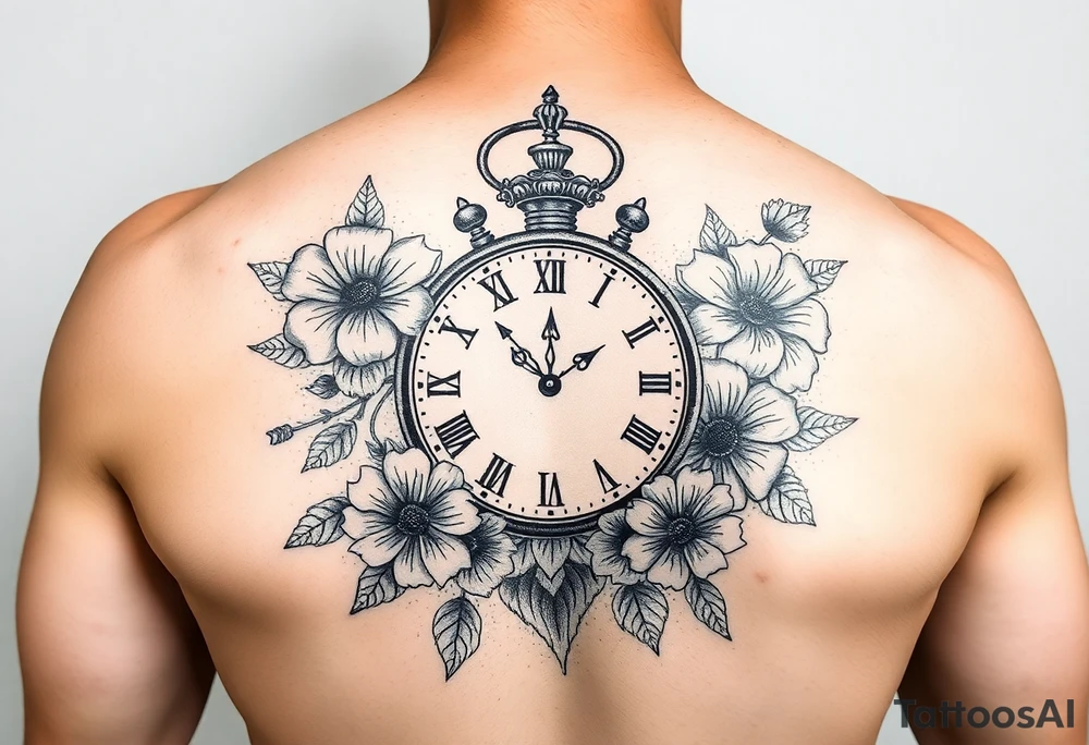 Clock and flowers tattoo idea