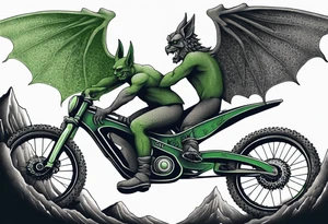 gargoyle riding a full suspension green mountain bike with a shadow no background with wings tattoo idea