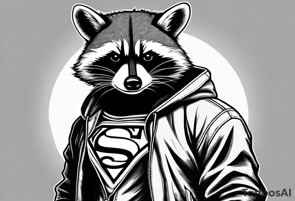 raccoon wearing a Superman hoodie with classic Superman logo tattoo idea
