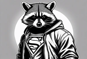 raccoon wearing a Superman hoodie with classic Superman logo tattoo idea